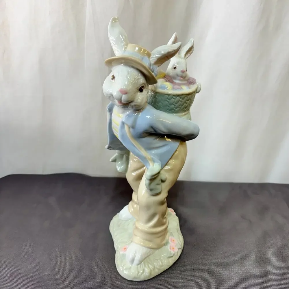 Easter Rabbit Baby Bunny Basket Ceramic Figurine Decor Glossy Pastel 10.75